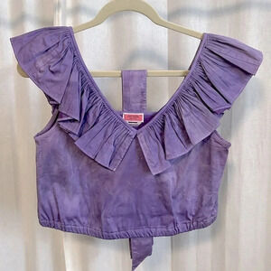 Cotton Ruffled V-Neck Sleeveless Blouse, Size  S